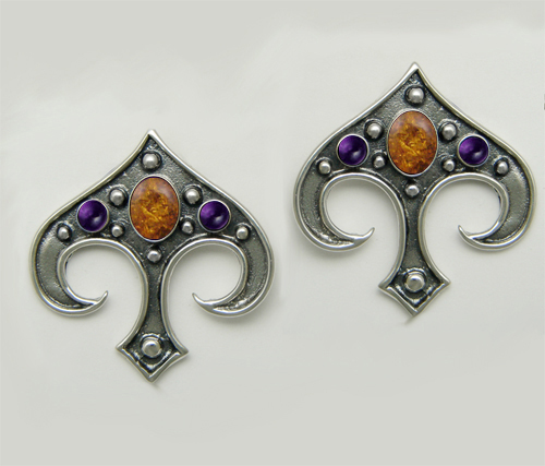 Sterling Silver Gothic Inspired Drop Dangle Earrings With Amber And Amethyst